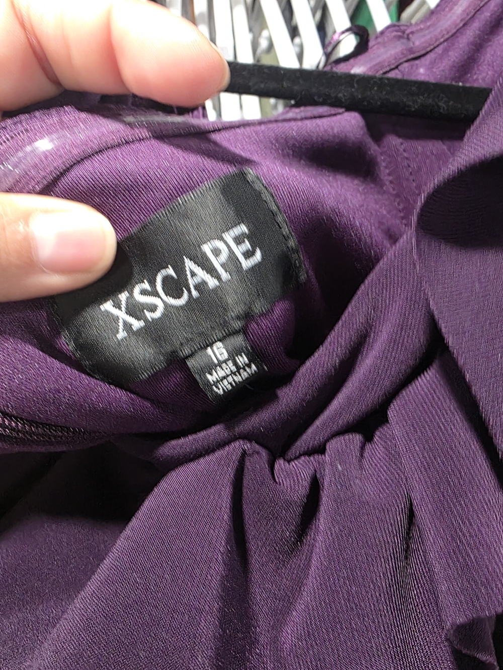 Xscape Plus Size Ruffled Off-the-Shoulder Long Sheath Dress - Grape, sz 16 Reg. - Picture 8 of 11